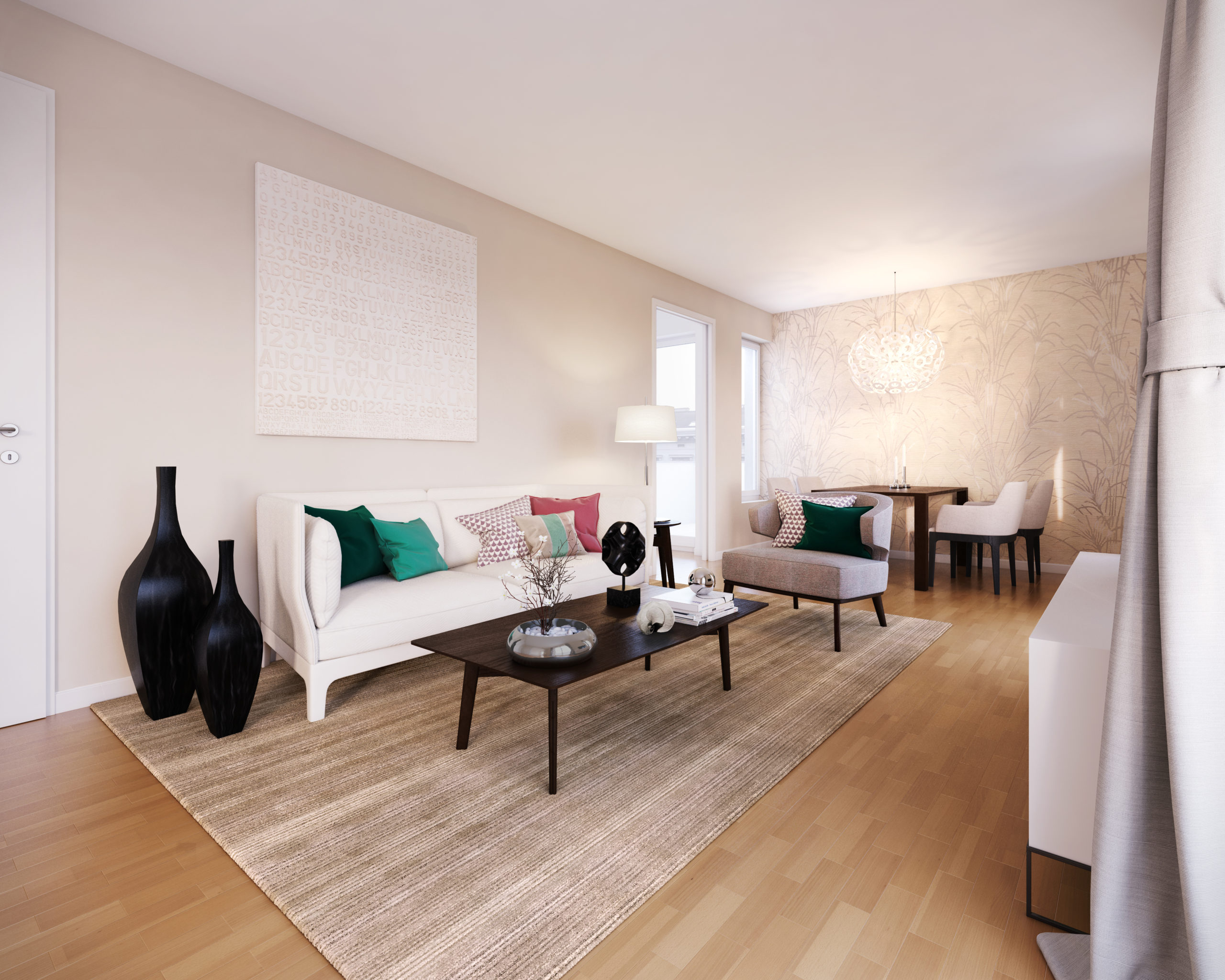 Wohnzimmer in hellen Tönen