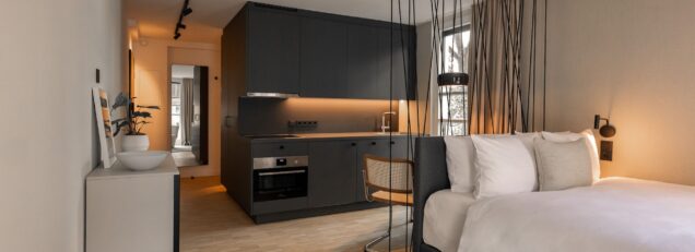 Blick in das Apartment Living Projekt von HApato mit Küche, Ess- und Schlafbereich