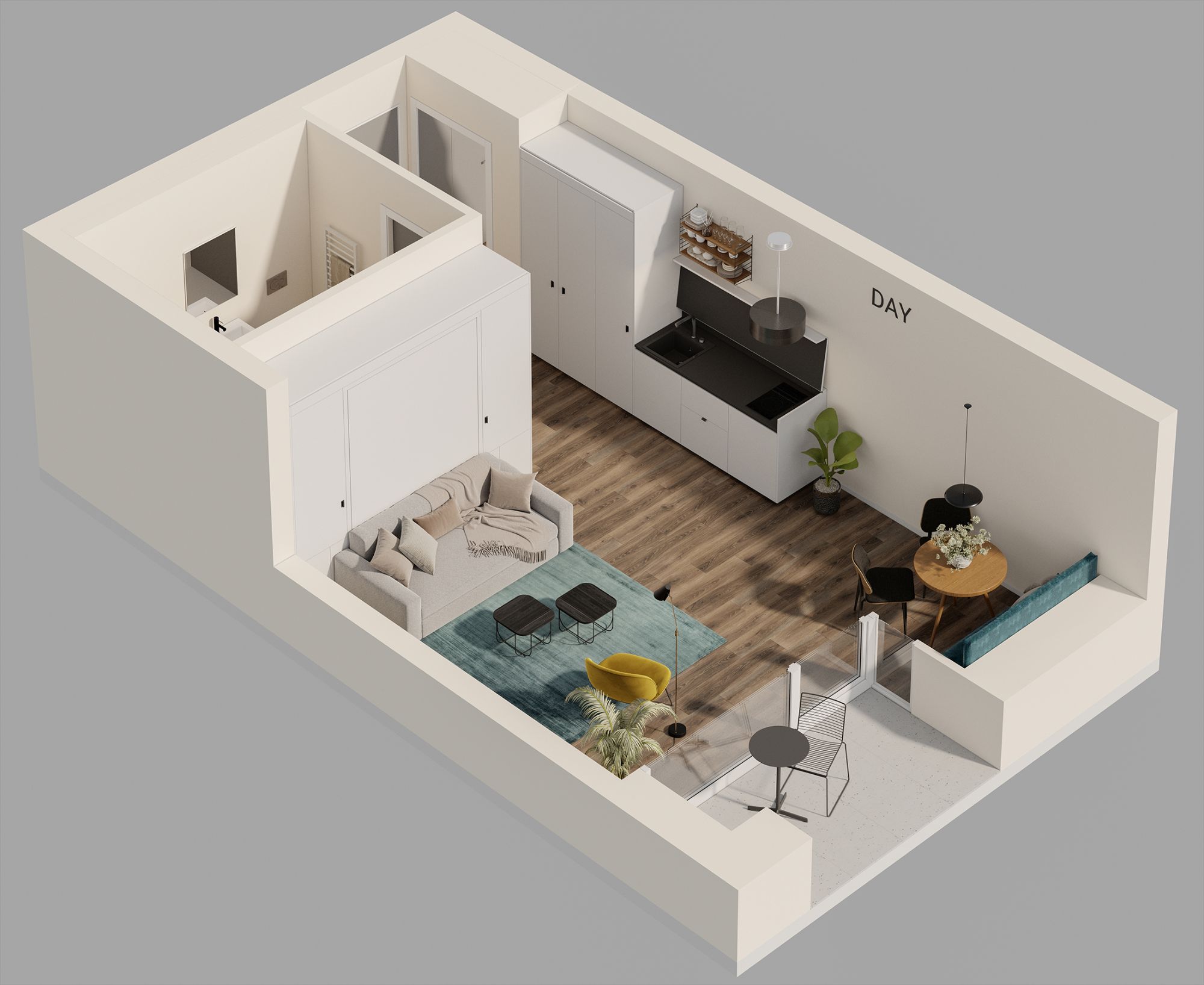 Mikro-Apartment bei Tag: Visualisierung des BelForm-Konzepts