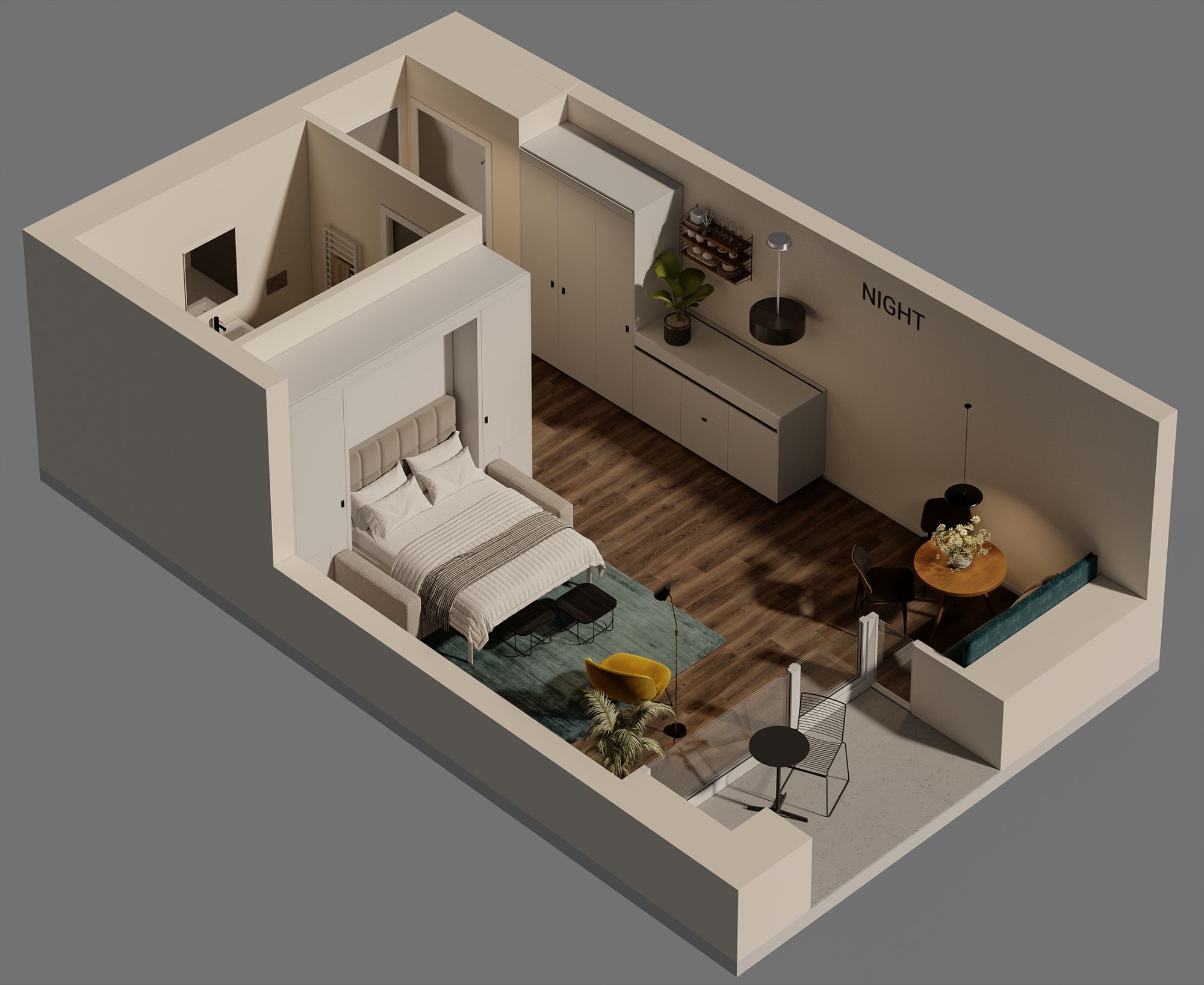 Mikro-Apartment bei Nacht: Visualisierung des BelForm-Konzepts